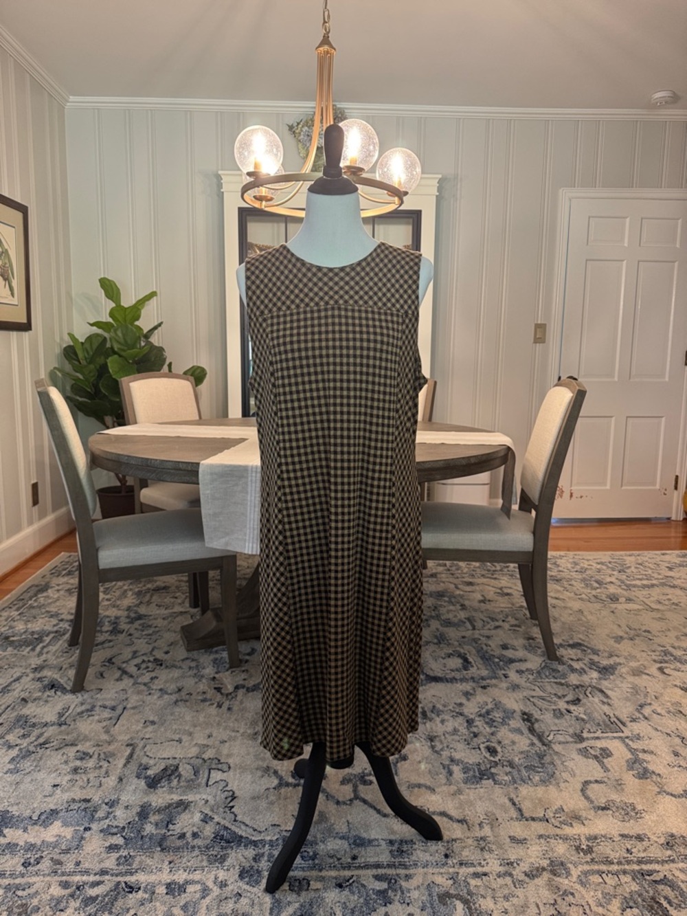 Sleeveless Midi Shift Dress in Brown and Khaki Checked